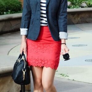 J Crew Mini Skirt Pink Red Scalloped Floral Lace Trim Size 0 100% Cotton